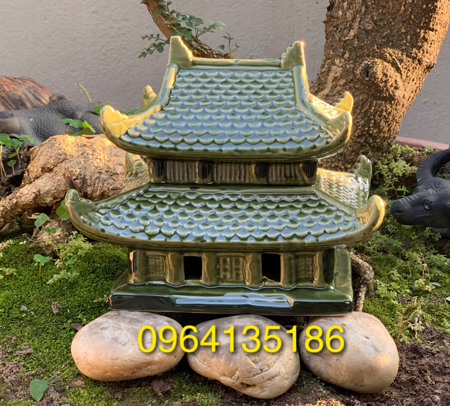 Tiểu cảnh chùa hai mái men xanh đồng h15cm gốm sứ Bát Tràng