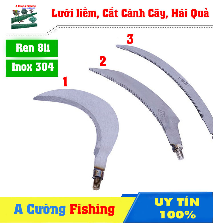 Lưỡi liềm, móc cỏ dọn lục bình, móc lỗ câu cá có chân xoáy vào cán inox