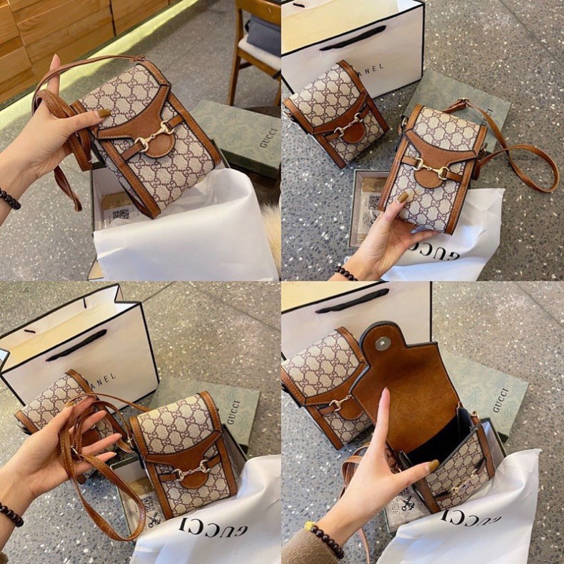 Túi đeo chéo nữ mini xích móc nâu