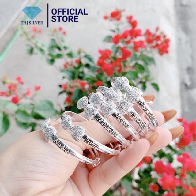 Vòng tay,lắc tay cho bé, Vòng tay nơ khắc tên cho bé chuẩn bạc ta - Vòng tay bạc đẹp THJ
