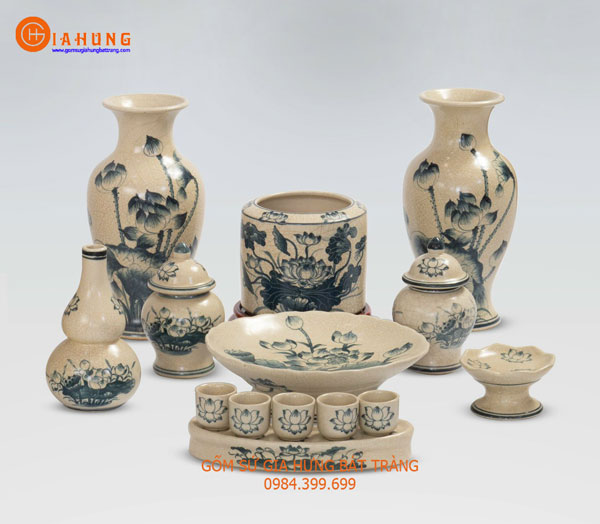 Bộ đồ thờ men rạn cổ vẽ sen gốm sứ Bát Tràng
