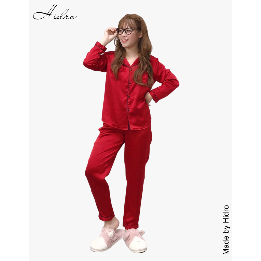 HIDRO Bộ ngủ pijama lụa satin trơn dài tay