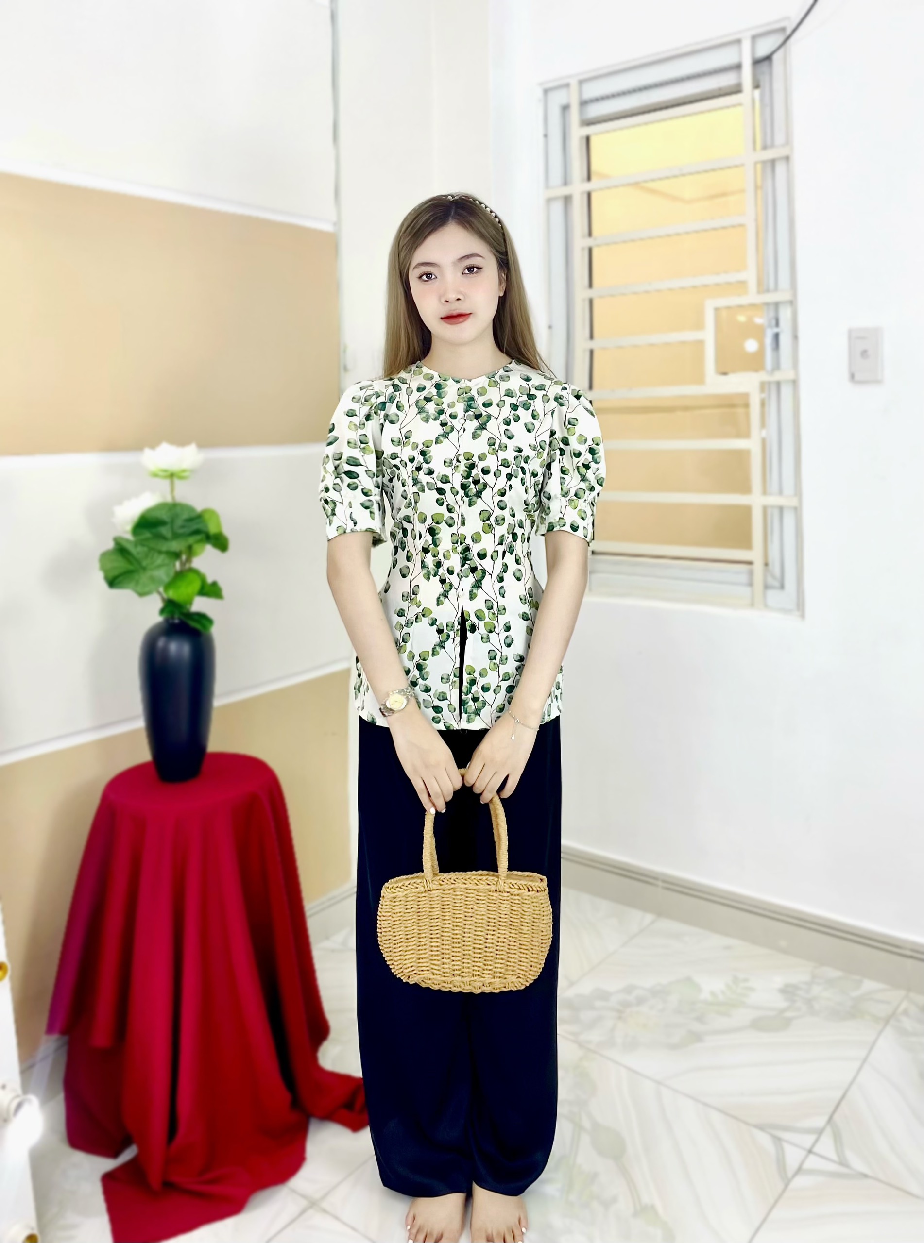 Bộ bà ba lụa hoa mát mịn cổ tròn bay búp L2