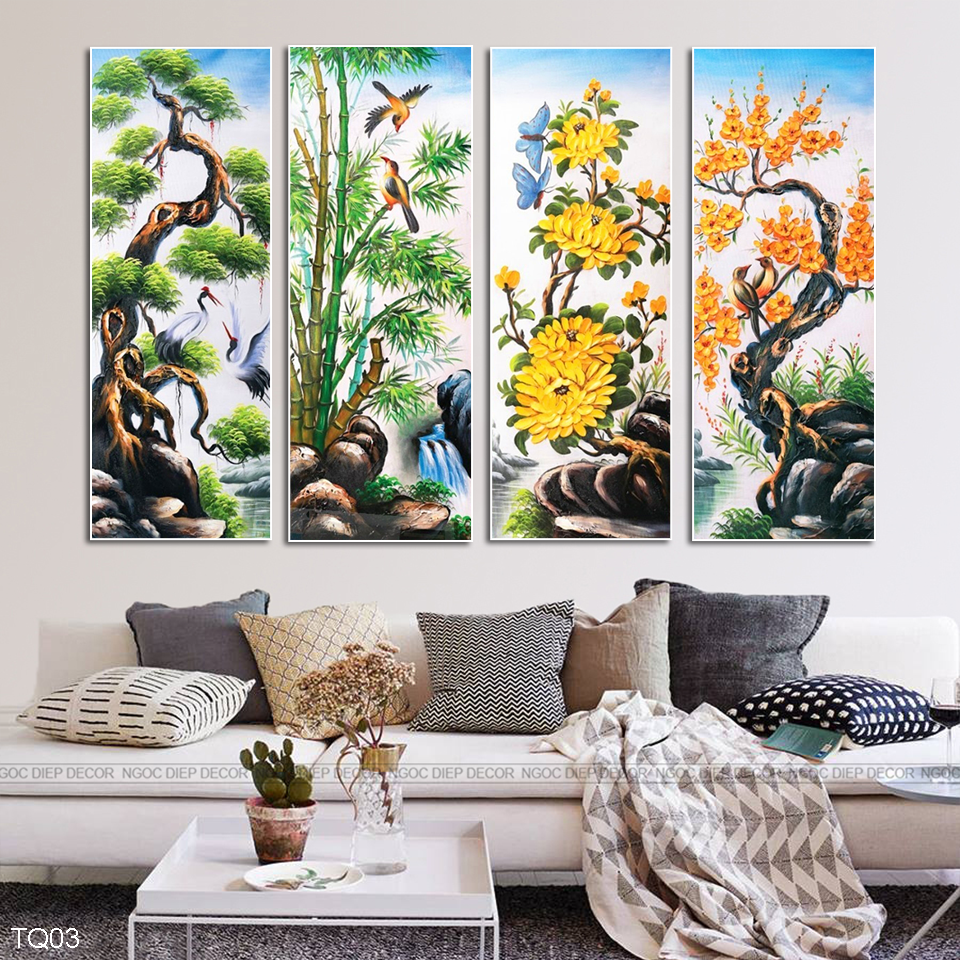 Tranh tứ quý dán tường phòng khách giả điêu khắc 3D, Tranh treo bo viền cao cấp, In UV chống bay màu, chống ẩm mốc