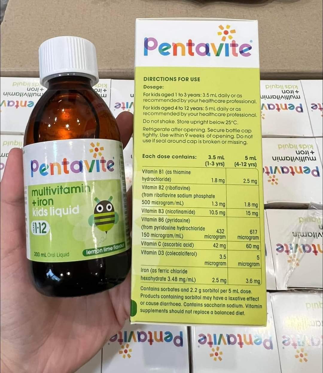 Siro Pentavite Multi Vitamin+ Iron-𝗩𝗶𝘁𝗮𝗺𝗶𝗻 𝘁𝗼̂̉𝗻𝗴 𝗵𝗼̛̣𝗽 𝘃𝗼̛́𝗶 𝗦𝗮̆́𝘁 𝗰𝗵𝗼 𝗯𝗲́ 𝘁𝘂̛̀ 𝟭 -𝟭𝟮 tuổi 200ml