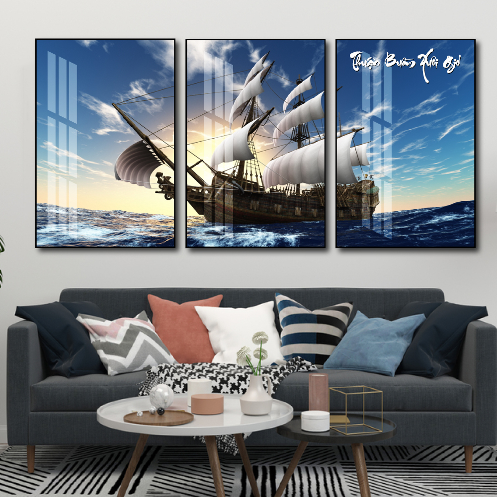 Tranh thuận buồm xuôi gió treo phòng khách tranh phong thủy mệnh thổ tranh tráng gương đẹp decor phòng làm việc tài lộc hiện đại