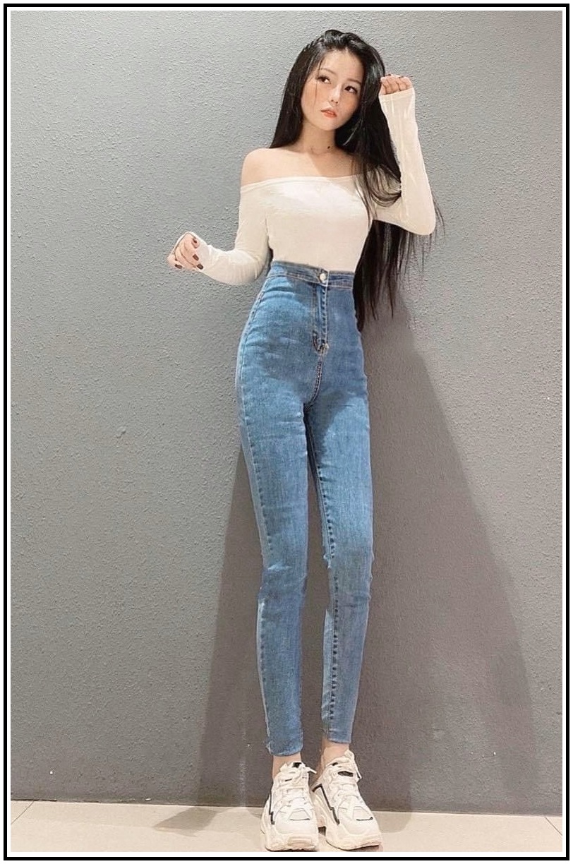 Quần jean nữ ĐAI TRƠN không đỉa MÀU XANH NHẠT chất jean giãn siêu tôn giáng T3-6