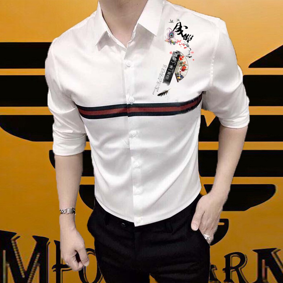 [HCM][HOT] Áo Sơ Mi Nam Trắng Phối Viền Họa Tiết Thư Pháp Cao Cấp A92