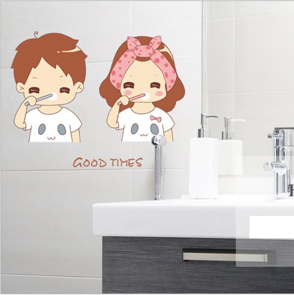 [HCM]Decal trang trí tường - Tranh Vẽ ChiBi Cặp đôi đánh răng thật dễ thương