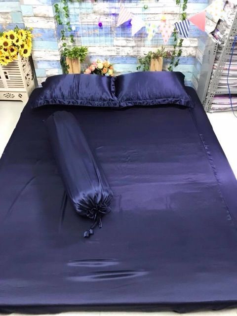 bộ ga và vỏ gối phi lụa bóng xanh đen đủ size