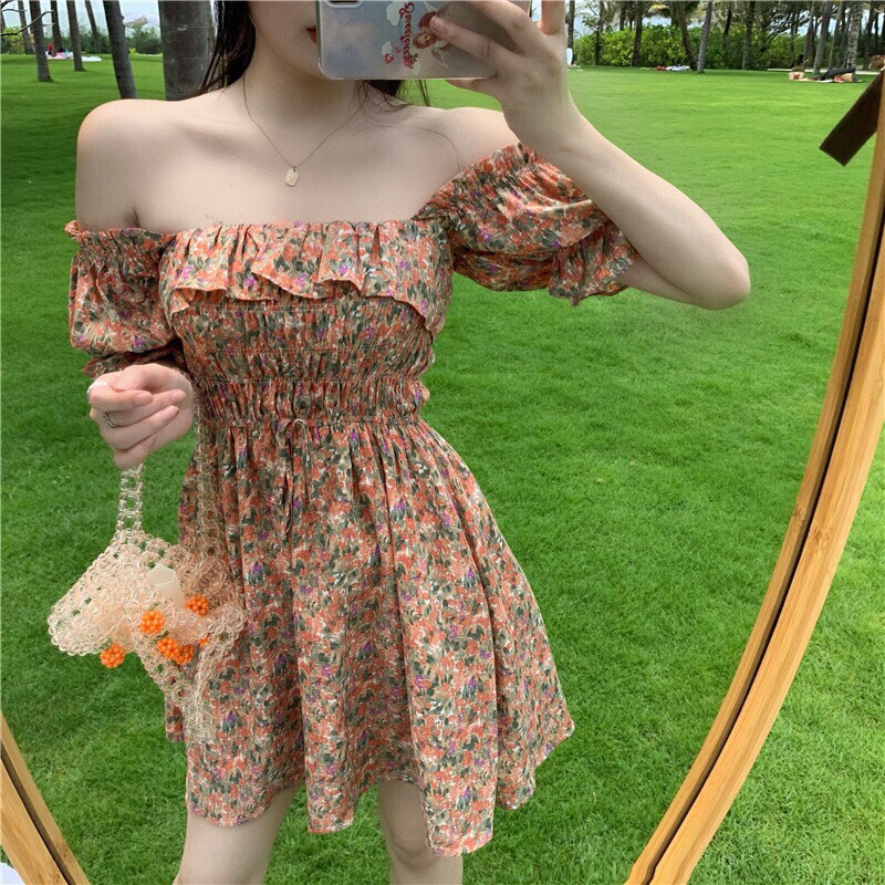 Đầm Lụa Xòe  Hoa Nhí Trễ Vai Gợi Cảm TTSA0544
