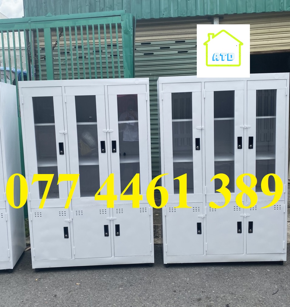 Tủ hồ sơ văn phòng 3 cánh kính tủ sơn tĩnh điện cao cấp