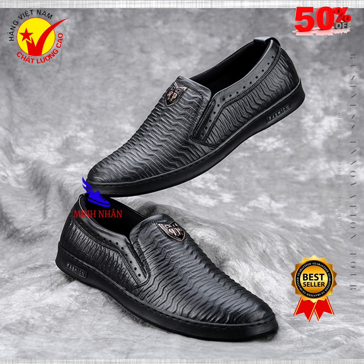 Giày lười nam da bò Giày công sở nam Giày slip on nam vân sóng đẹp độc đáo hàng hiệu thời trang giá rẻ S-1 màu đen