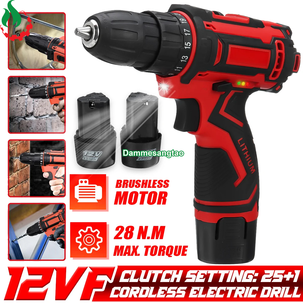 Máy khoan pin 12V 2 cấp tốc độ có đèn báo pin