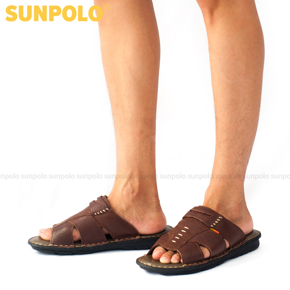 Dép Quai Ngang Nam Da Bò SUNPOLO AQN009 (Đen, Nâu)