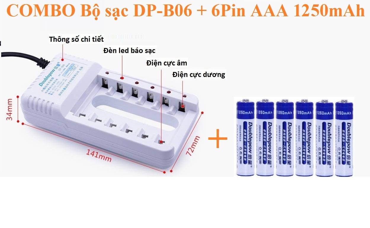 Combo bộ sạc pin 6 khe đa năng tặng kèm 6 pin sạc aaa 1250 mah doublepow