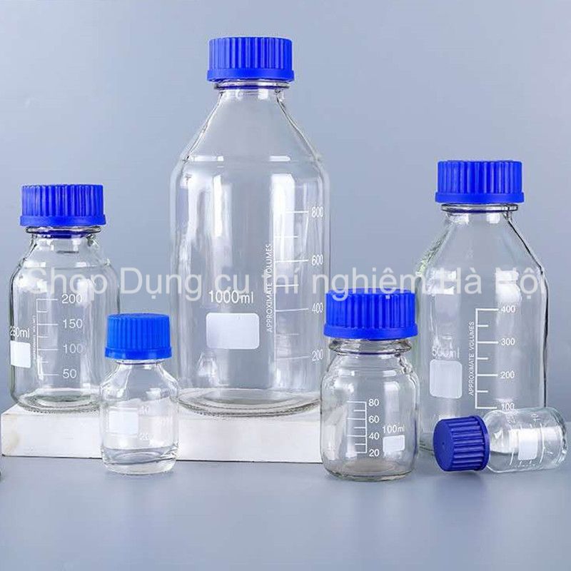 Chai thủy tinh trung tính nắp vặn xanh ( chai thủy tinh có vạch chia dung tích )