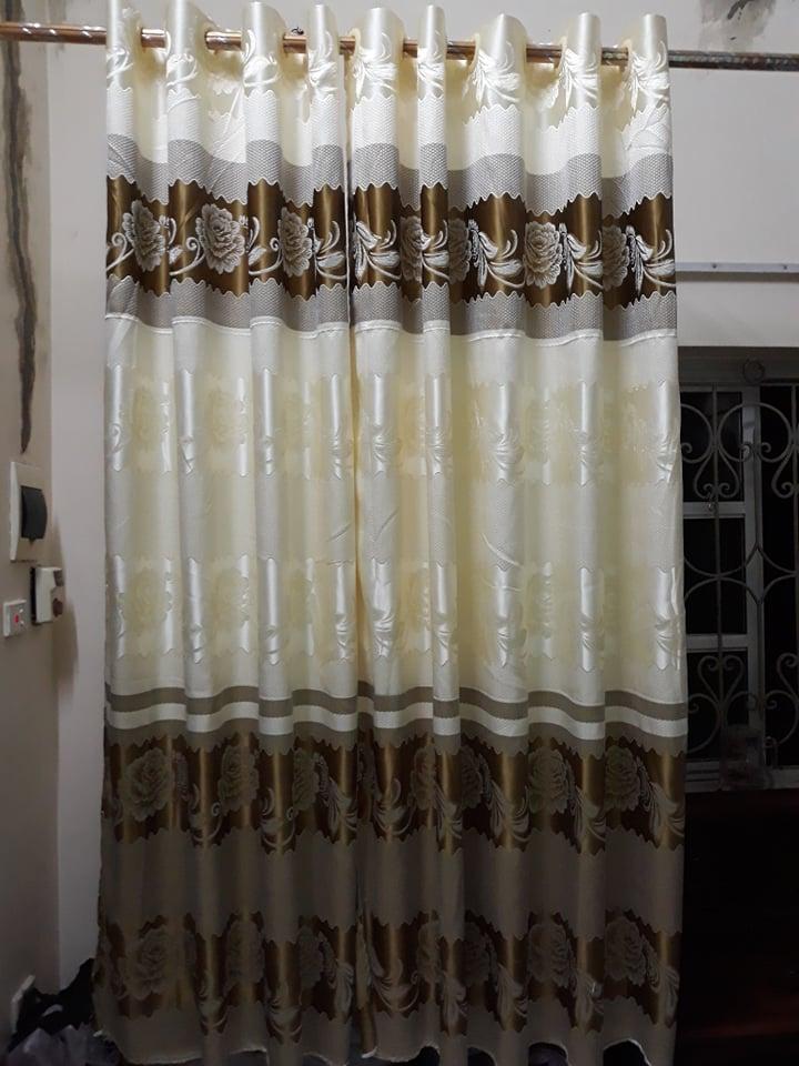 Bộ 2 rèm cửa chính cao cấp vải gấm rêu và vàng