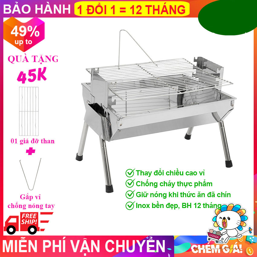 Bếp nướng than hoa VCS thay đổi chiều cao vỉ, Inox không gỉ sét, chống cháy thực phẩm, an toàn sức khỏe, không cần quạt, bếp nướng không khói, bếp nướng ngoài trời, bếp nướng than hoa vuông