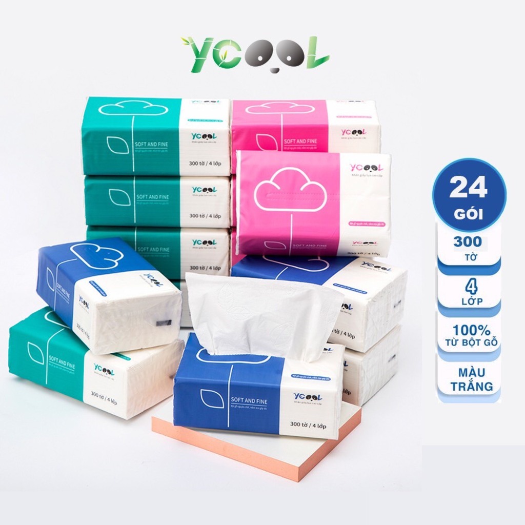 Thùng 30 gói giấy ăn gấu trúc ycool khăn giấy tre gói 300 tờ 3 lớp siêu dai, siêu mềm