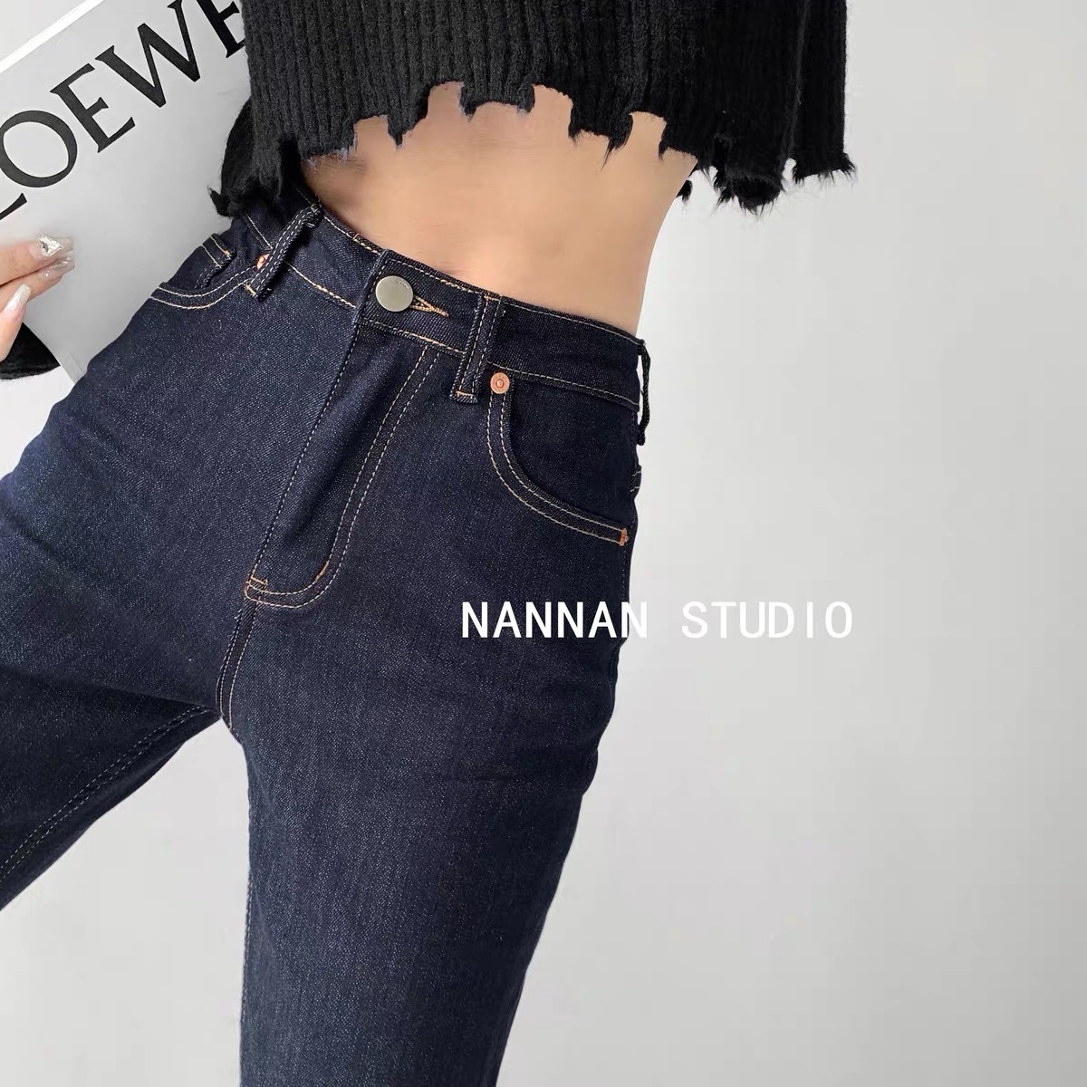 Quần Jean Nữ Lưng Cao Xanh bố Eo co giãn Quần dài trơn vải denim Quần bò nữ ôm đẹp