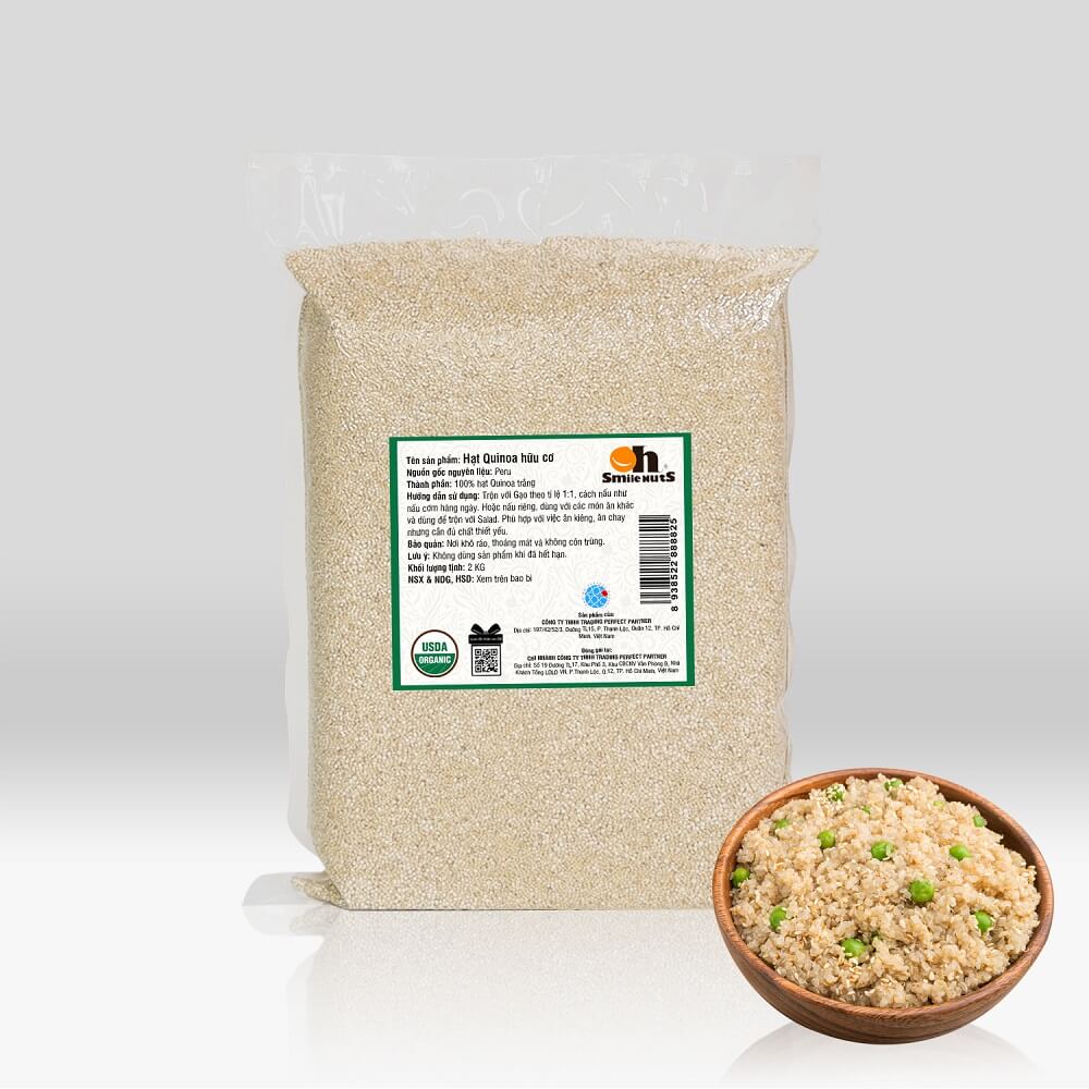 [TÚI 2KG] Hạt Quinoa (Diêm Mạch) Trắng Hữu Cơ Smile Nuts - Nhập khẩu từ Peru (Túi Quinoa 2kg tiện dụng và tiết kiệm)