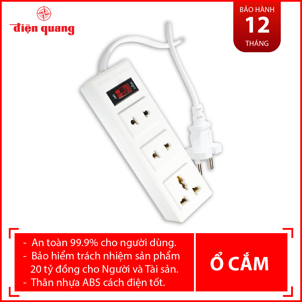 [HCM]Ổ cắm Điện Quang ĐQ 002A-02-2M (3 lỗ dây 2 mét)