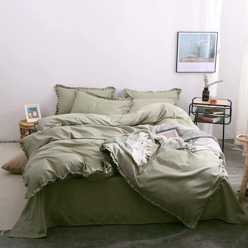 Bộ chăn ga gối cotton tici viền bèo - màu rêu