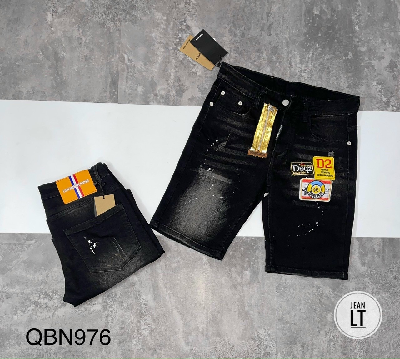 Quần short jean nam đen vá đỏ rách sướt nhẹ và chấm sơn đẹp thêu LOGO thời trang cao cấp hàng chuẩn shop