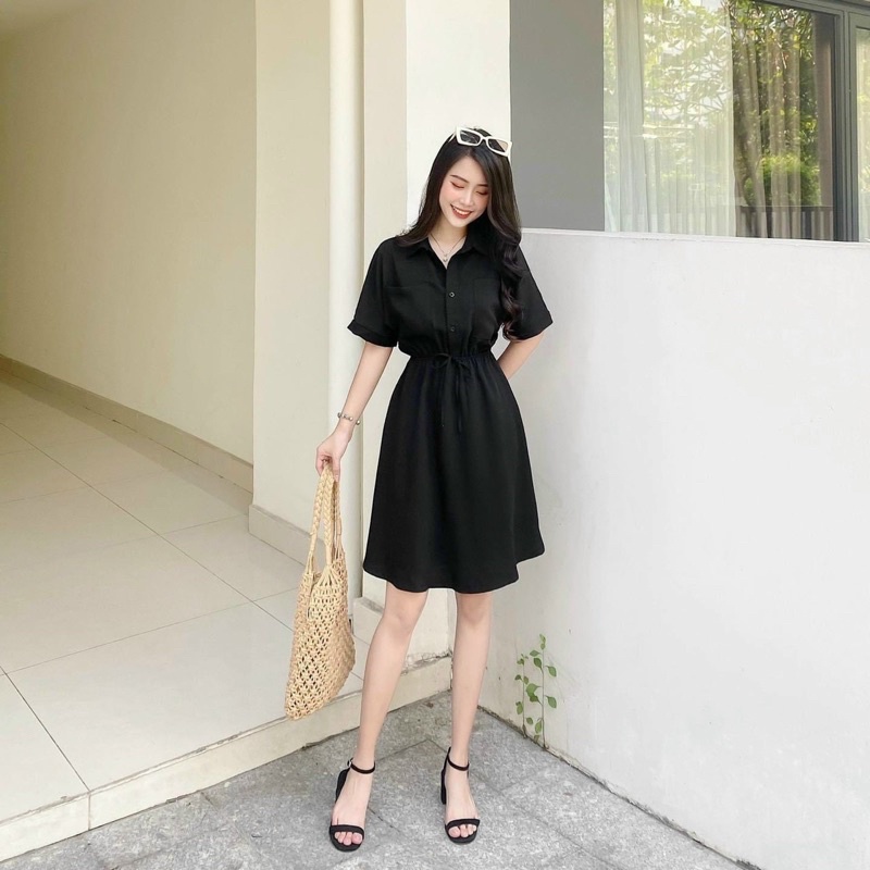 Đầm sơ mi thun eo 2 màu