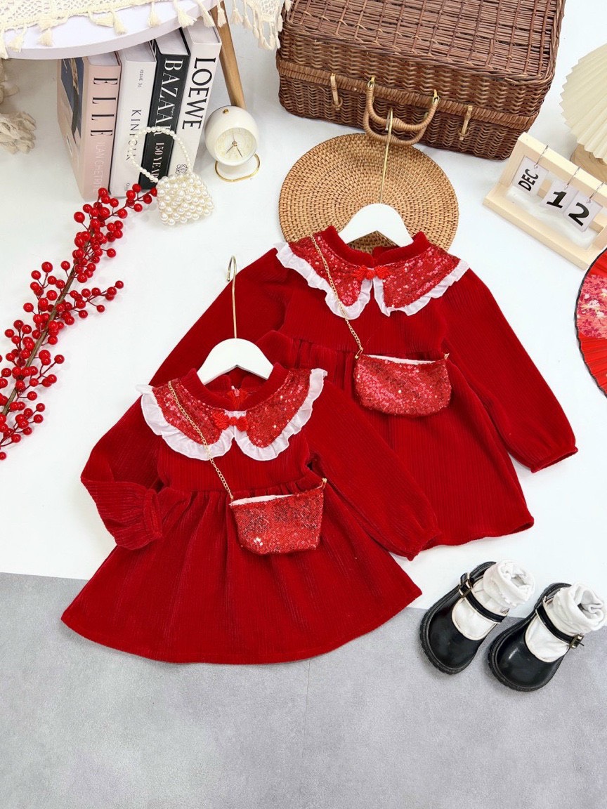 váy tuyết nhung cho bé phối cổ ren