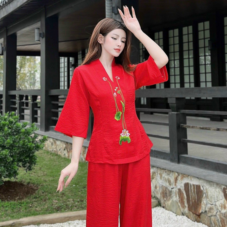 (LỤA THEU SEN) Đồ bộ mặc nhà vải lụa, Quần Áo nữ Phật Tử, Đồ Lam Đi Chùa, mẫu lụa thêu sen