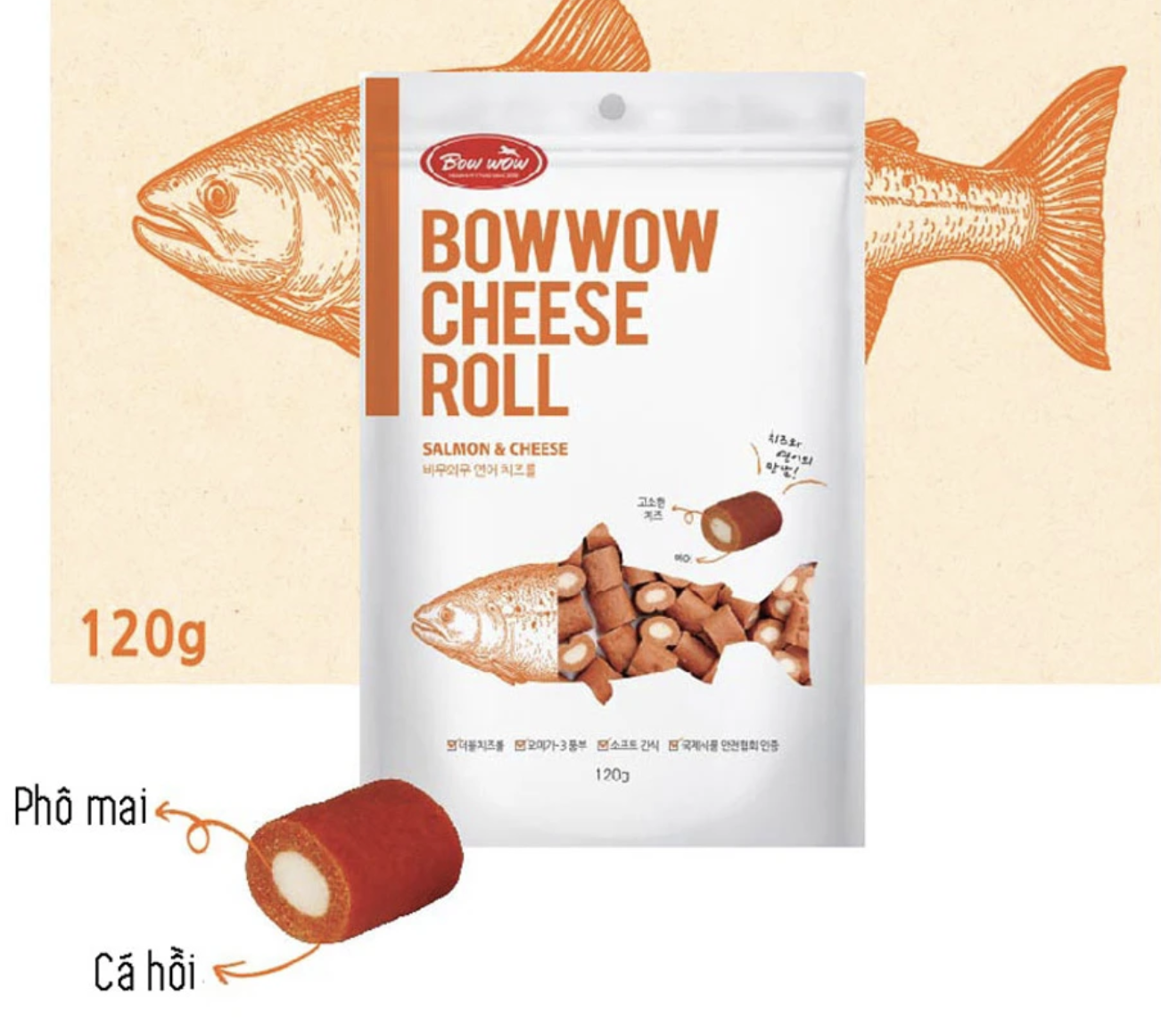 Viên thịt cá hồi cuộn phô mai BowWow cho chó 120g