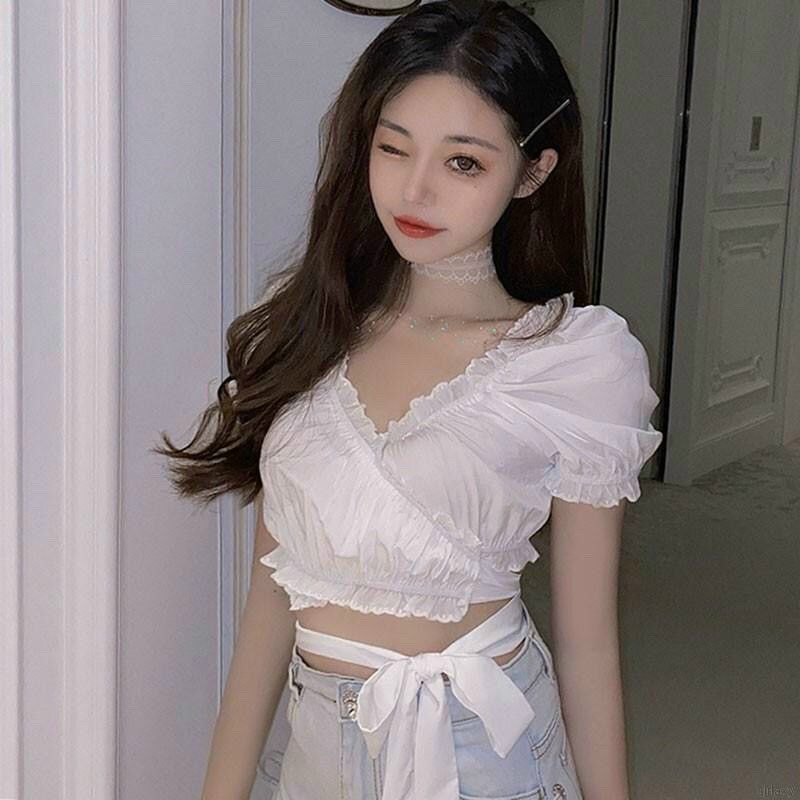 [HCM]Áo croptop nhún cột dây nơ eo