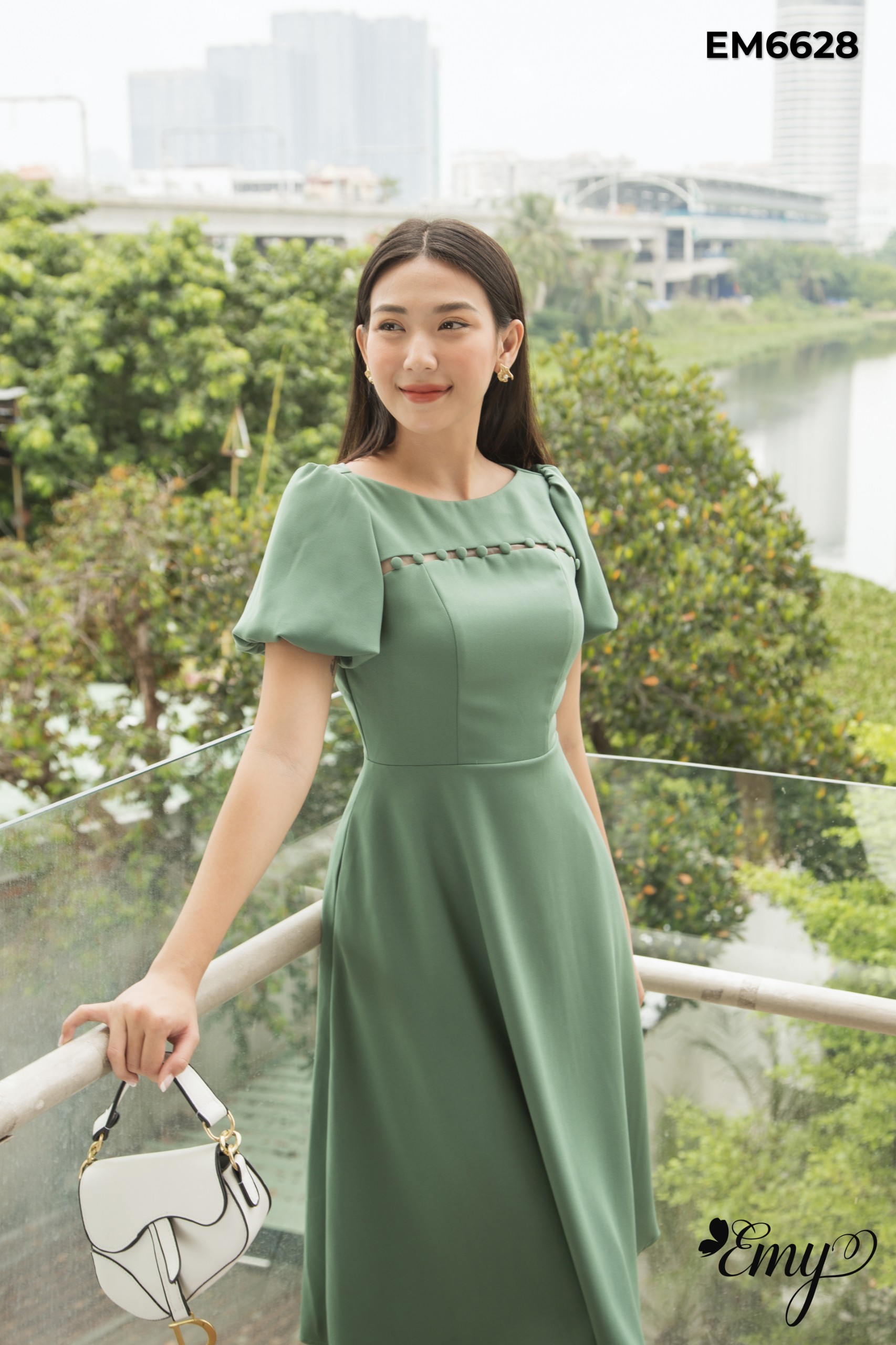 Đầm EMY EM6628 Xoè Xanh Tay Phồng