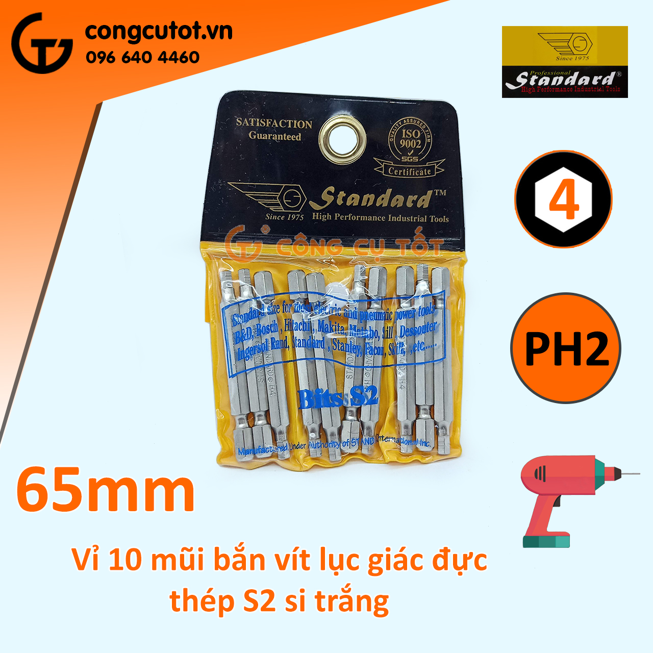 Vỉ 10 Đầu bắt vít lục giác đực Standard dài 65mm