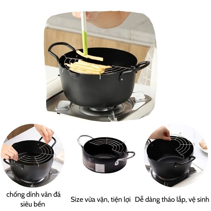 Nồi chiên ngập dầu có vòi rót nhật bản 15cm, dùng cho mọi loại bếp, nồi chiên ngập dầu chống dính đa năng nồi hầm, nấu cháo mini, ca nấu mì, nồi chiên ngập dầu đáy từ có vòi rót yamada nhật bản vung kính - giadungbv247