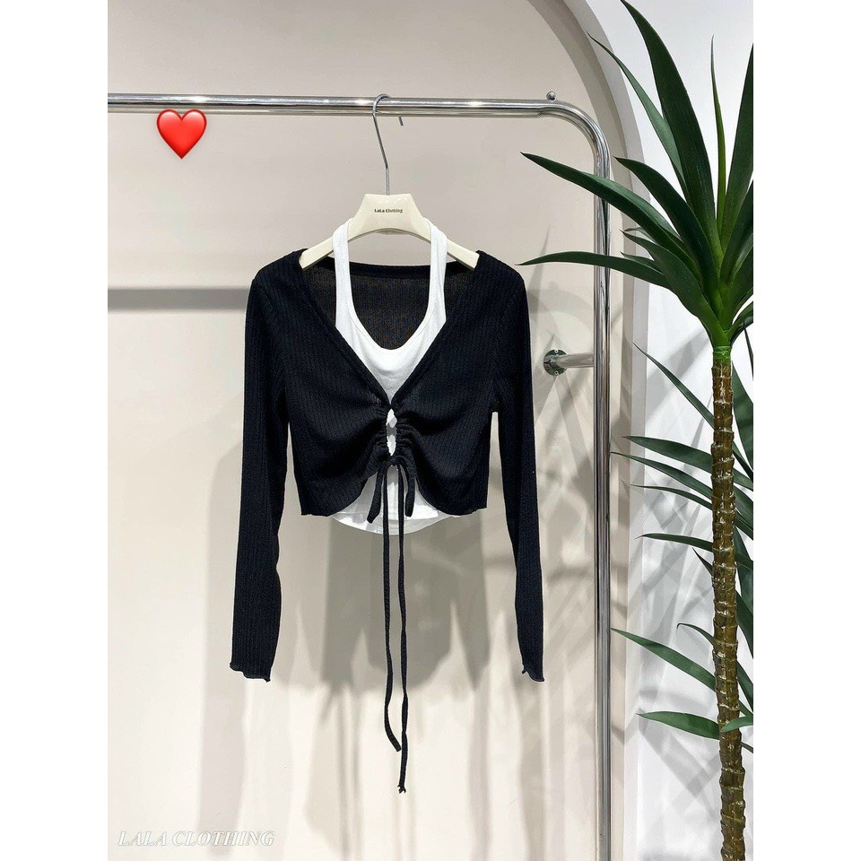 Set áo yếm kèm áo khoác cardigan rút dây tròn ttslt0012