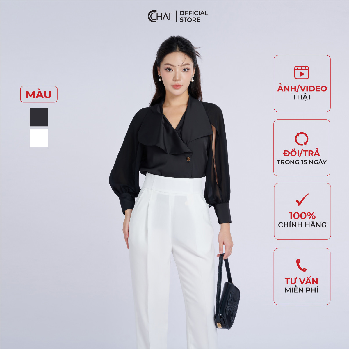 Áo Sơ Mi CCHAT Cổ Rủ Tay Phối Xẻ Kiểu Chất Lụa Cao Cấp 53FDL8022ST
