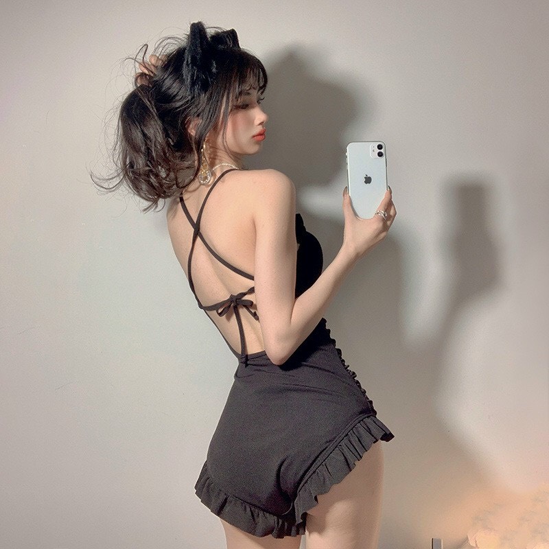 Bikini nhún bèo cúp nơ đen sexy