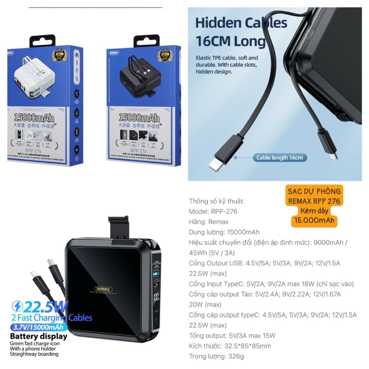 Cốc sạc kiêm pin dự phòng hỗ trợ sạc nhanh 18w cắm điện trực tiếp remax RPP-20(15000mah)/RPP-145 (10.000mAh/)/RPP-276(15000mah) sạc nhanh 22.5W