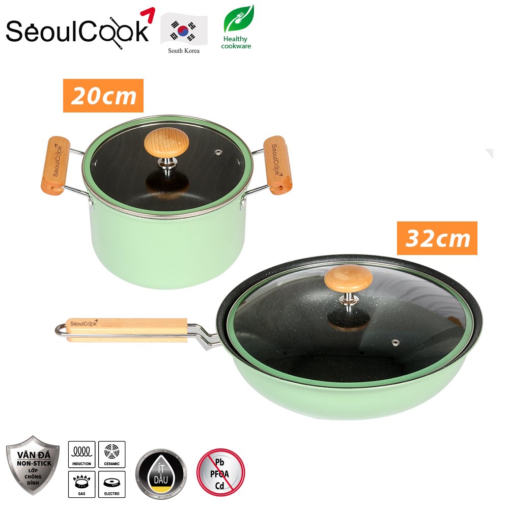 Bộ 2 nồi chảo cao cấp Seoulcook Luxury, nồi 20cm + chảo sâu lòng 32cm