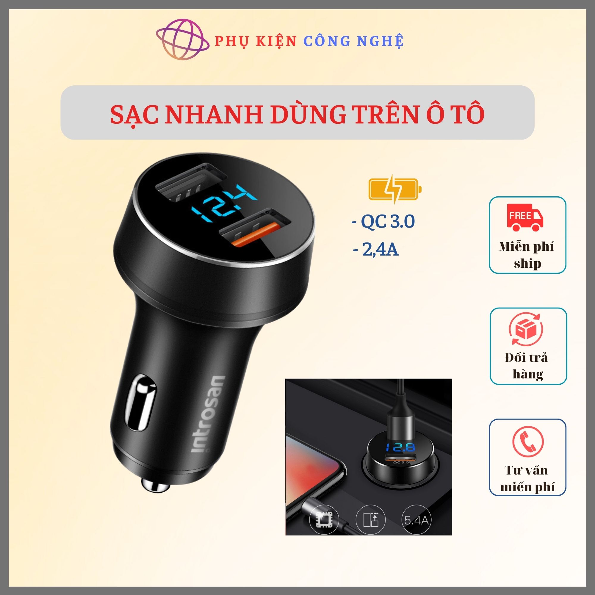 Tẩu sạc nhanh ô tô qc 3.0, 2 cổng usb, có led hiển thị volt