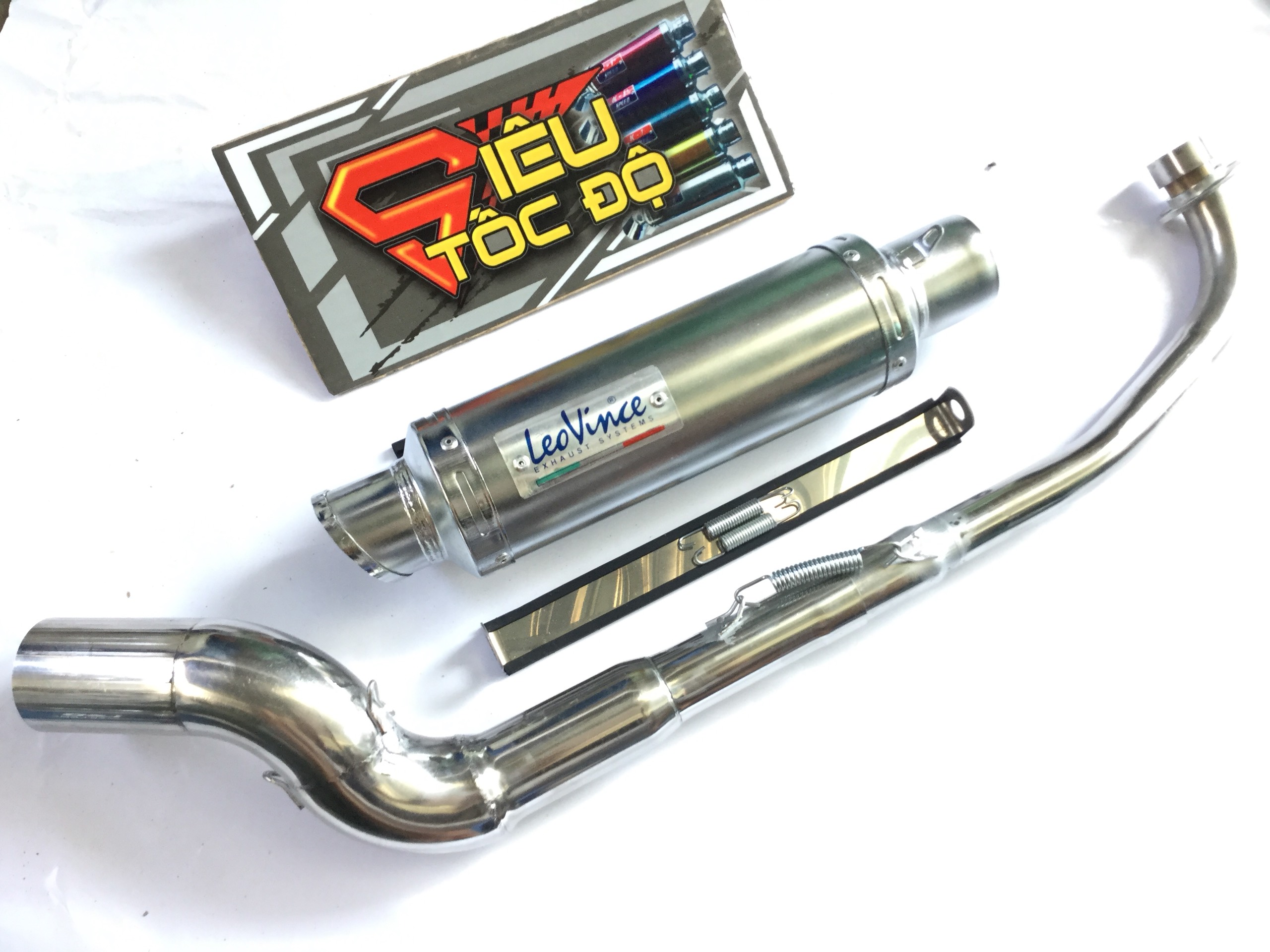 Pô leovince trắng full pass treo lò xo bao gồm cả cổ cong gắn lon pô độ cho xe wave 50 - 100, cup, dream, 67, axelo, exciter 50cc,....