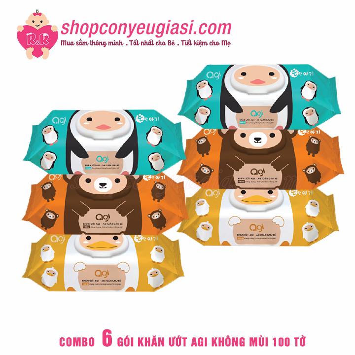 Combo 6 gói khăn ướt agi không mùi 100 tờ - màu ngẫu nhiên
