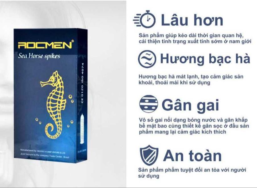 Bao Cao Su Siêu Gai + kéo dài Cao Cấp Rocmen Cá Ngựa Xanh Hộp 10 Chiếc