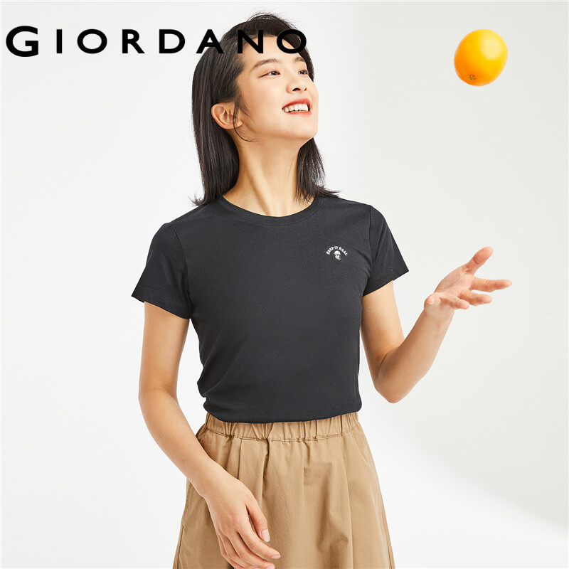 Áo thun nữ T-shirt cổ tròn ngắn tay phối hình thêu thời trang chất 100% cotton thoải mái trẻ trung mùa hè Giordano Free Shipping 13322221