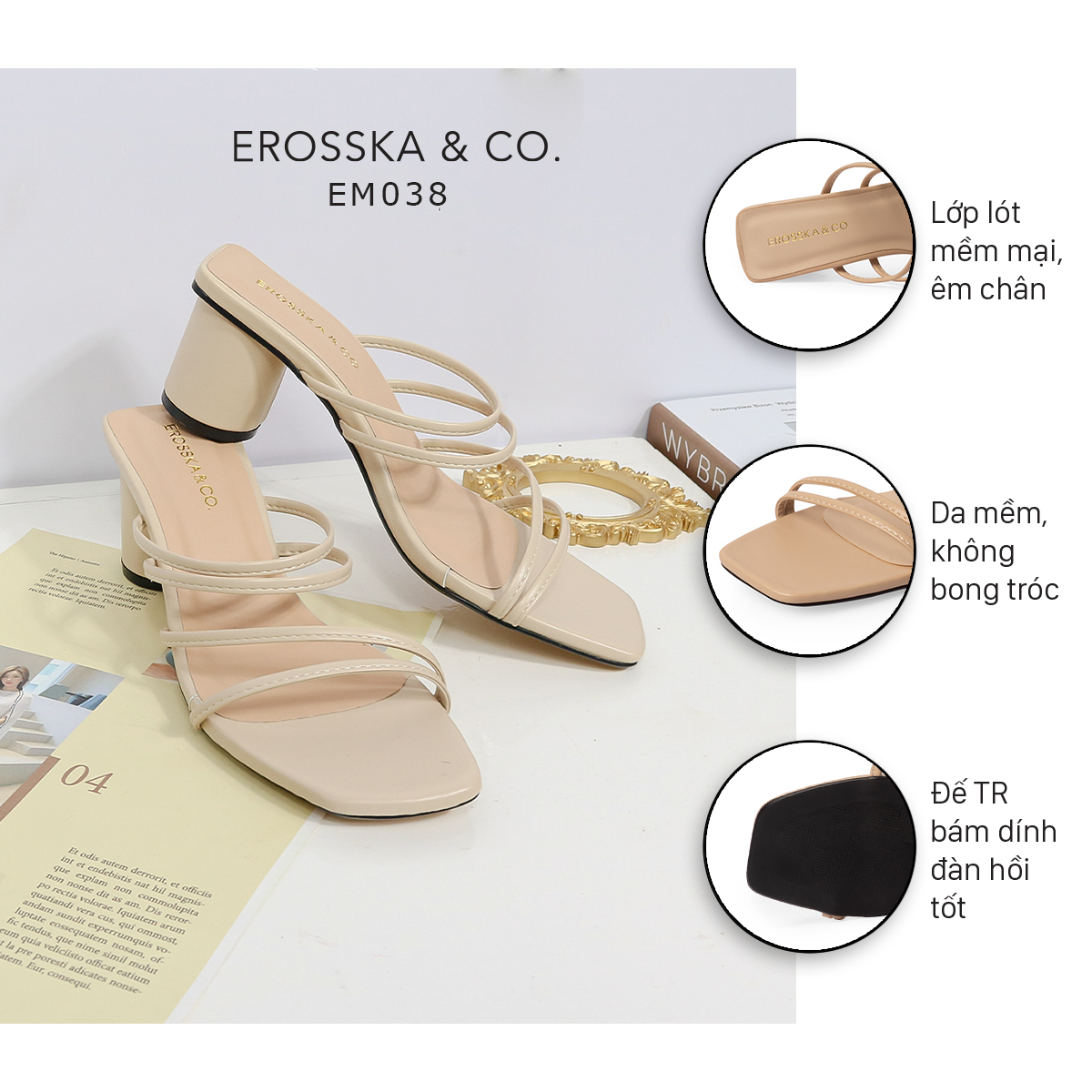 Dép cao gót thời trang Erosska mũi vuông gót tròn phối dây quai mảnh kiểu dáng đơn giản cao 6cm màu nude - EM038
