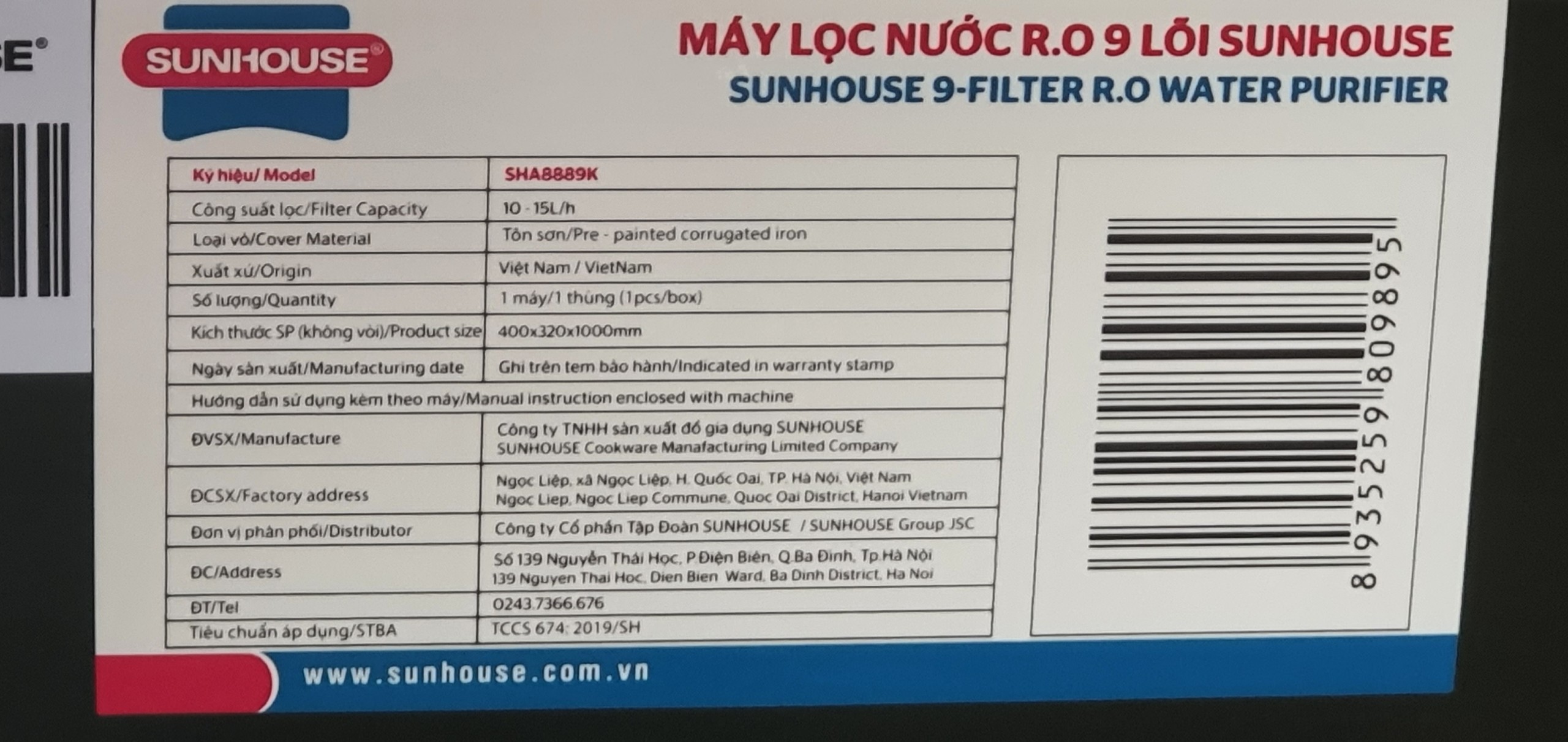 Máy lọc nước RO Sunhouse SHA8889K 9 lõi