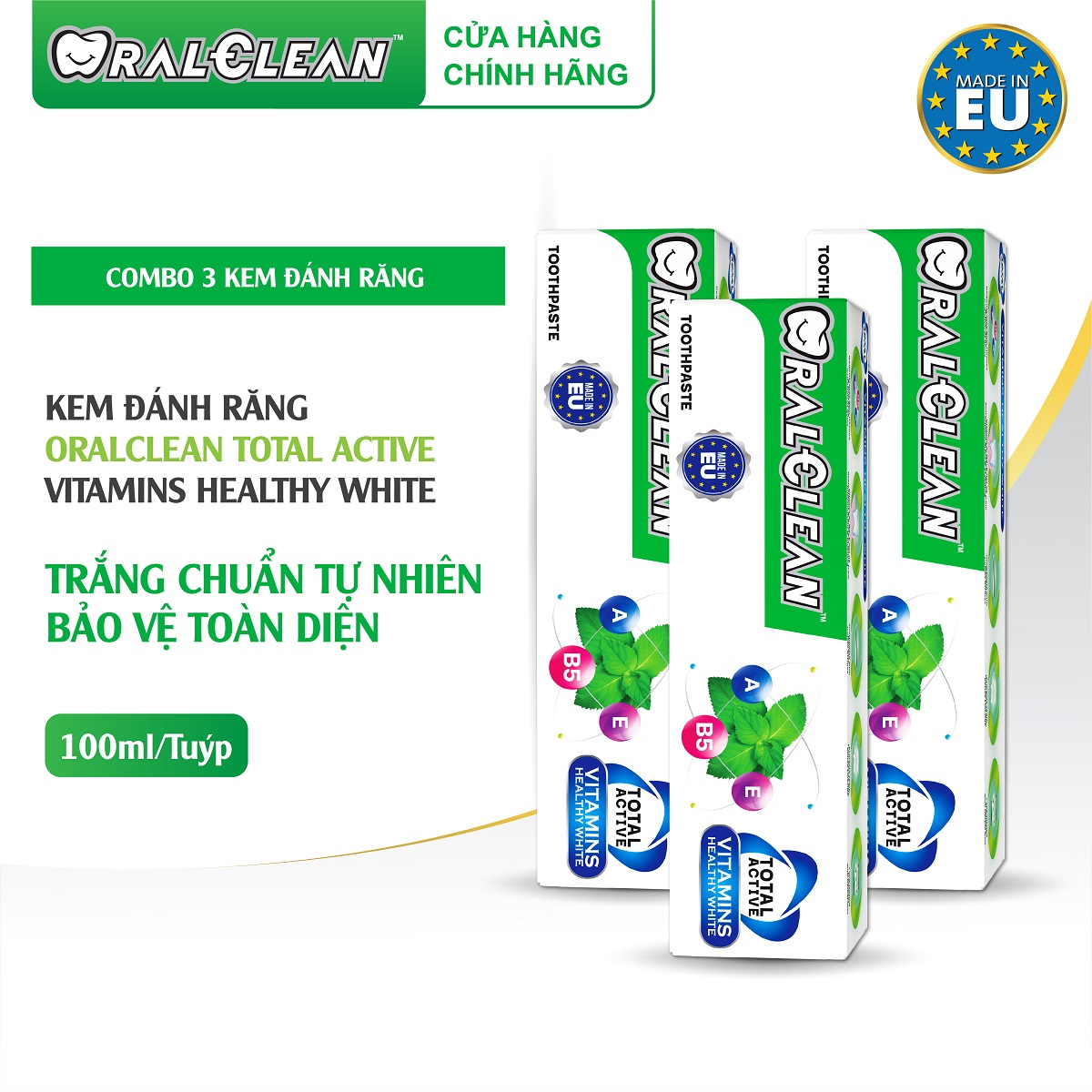 Combo 3 Kem Đánh Răng Trắng Răng OralClean Total Active Vitamin Healthy White 100ml/Tuýp